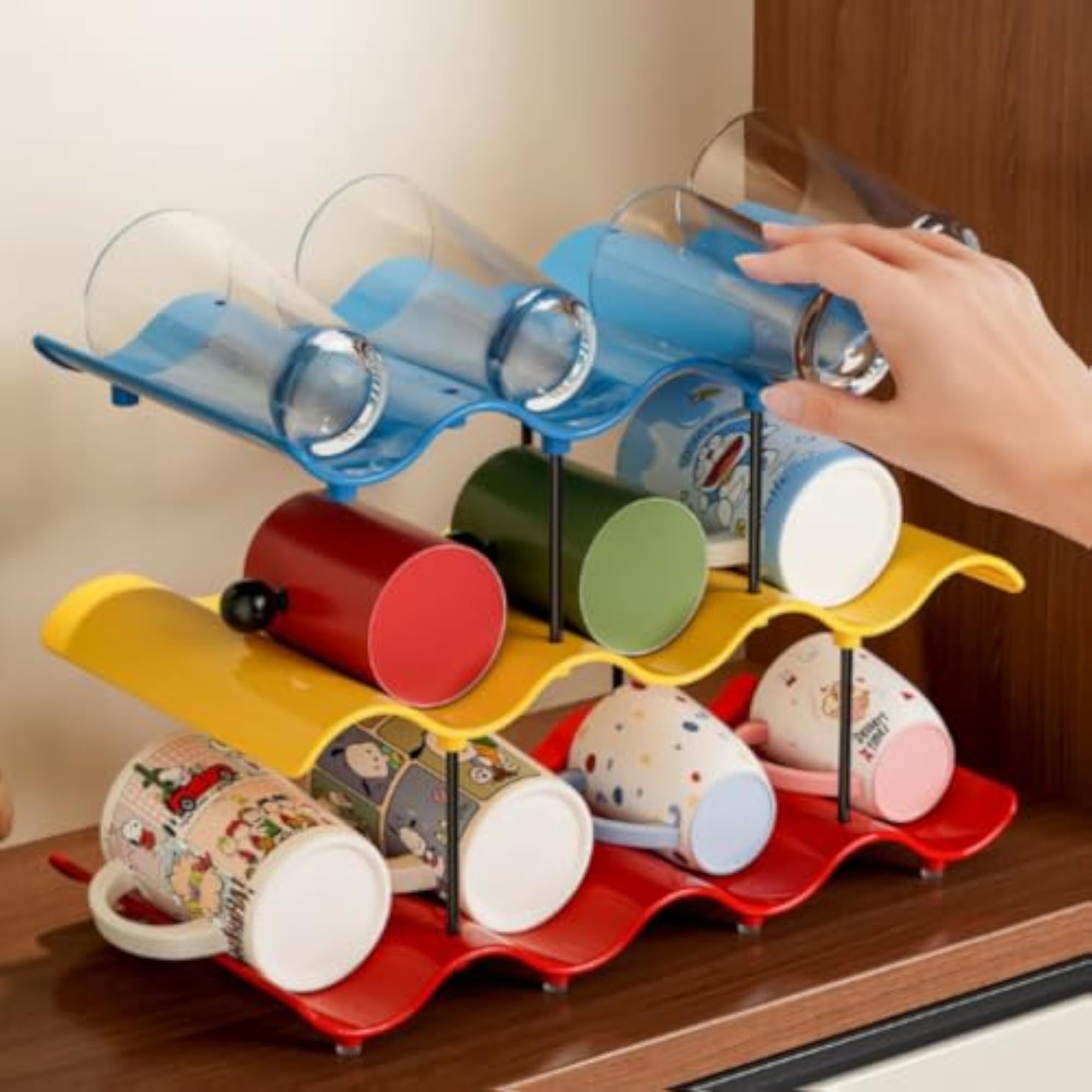Space-Saving Cup Storage Rack with Wave Shelf